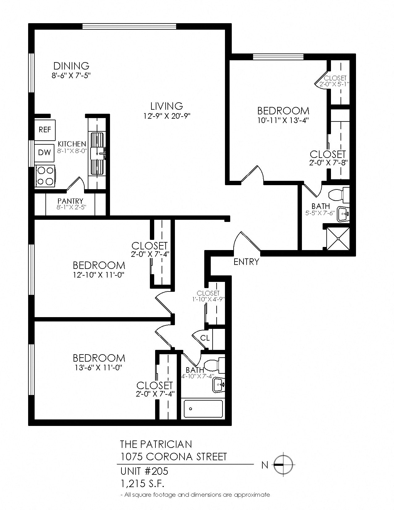 Floor plan for 3 beds, 2 baths, 1250 sqft